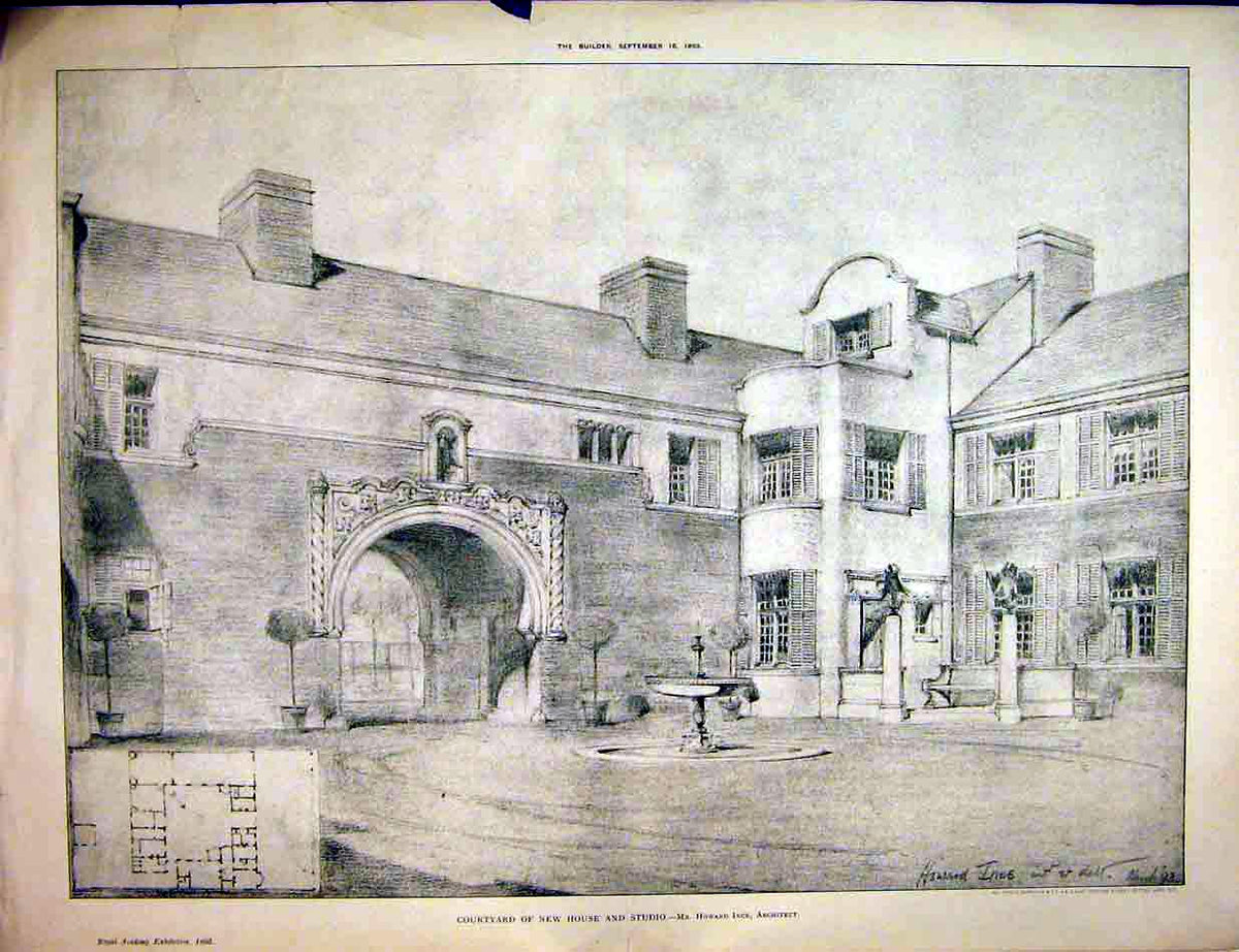 Original Old Antique Print 1893 View Courtyard New House Studio Howard Ince