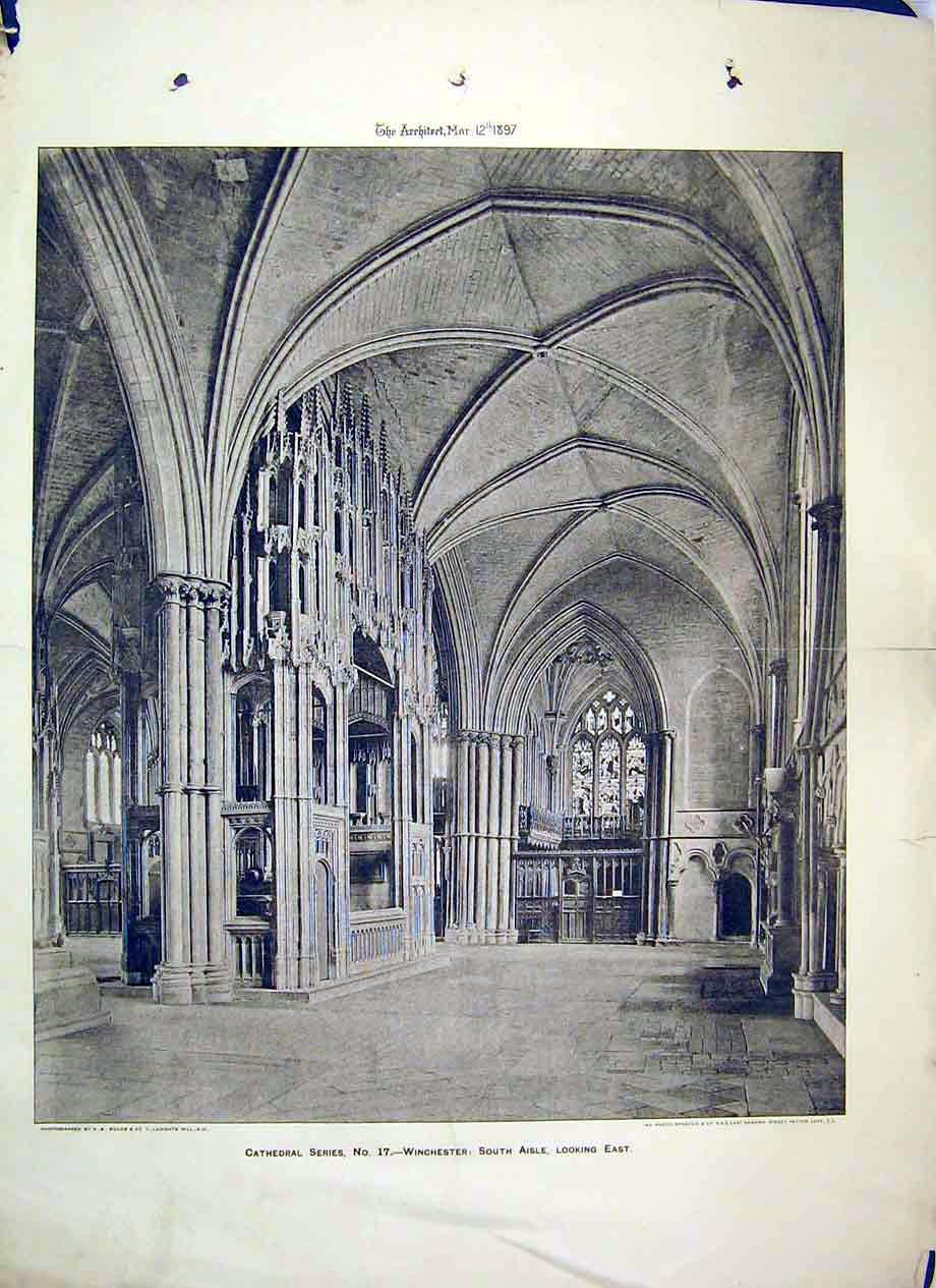 Original Old Antique Print 1897 South Isle East Winchester Cathedral England