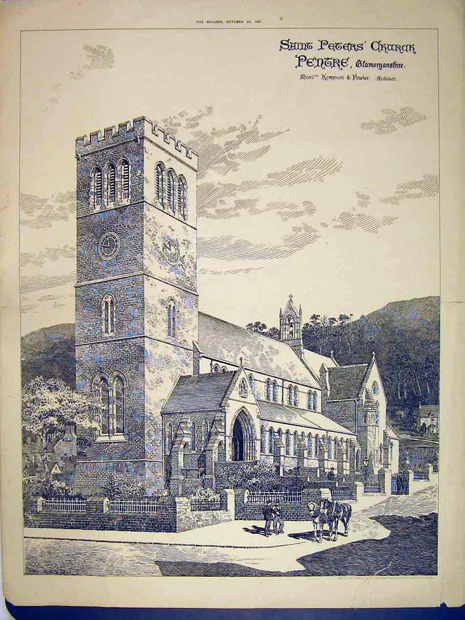 Old Antique Print 1891 Exterior View Saint Peters Church Glamorganshire 19th