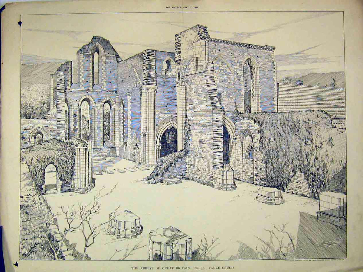 Old Antique Print View Ruins Valle Crucis Abbey England 1899 Roland Paul 19th