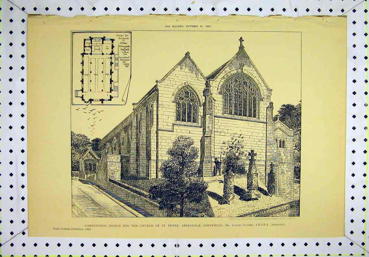 Old Antique Print 1893 Design Church St Peter Abbeydale Sheffield Vacher 19th