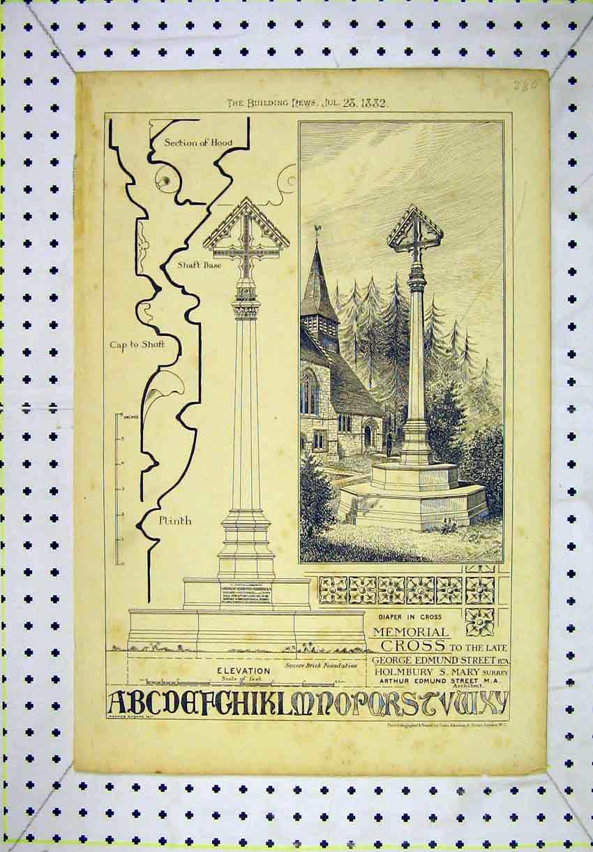 Original Old Antique Print View Memorial Cross Diaper 1882 George Edmund Street