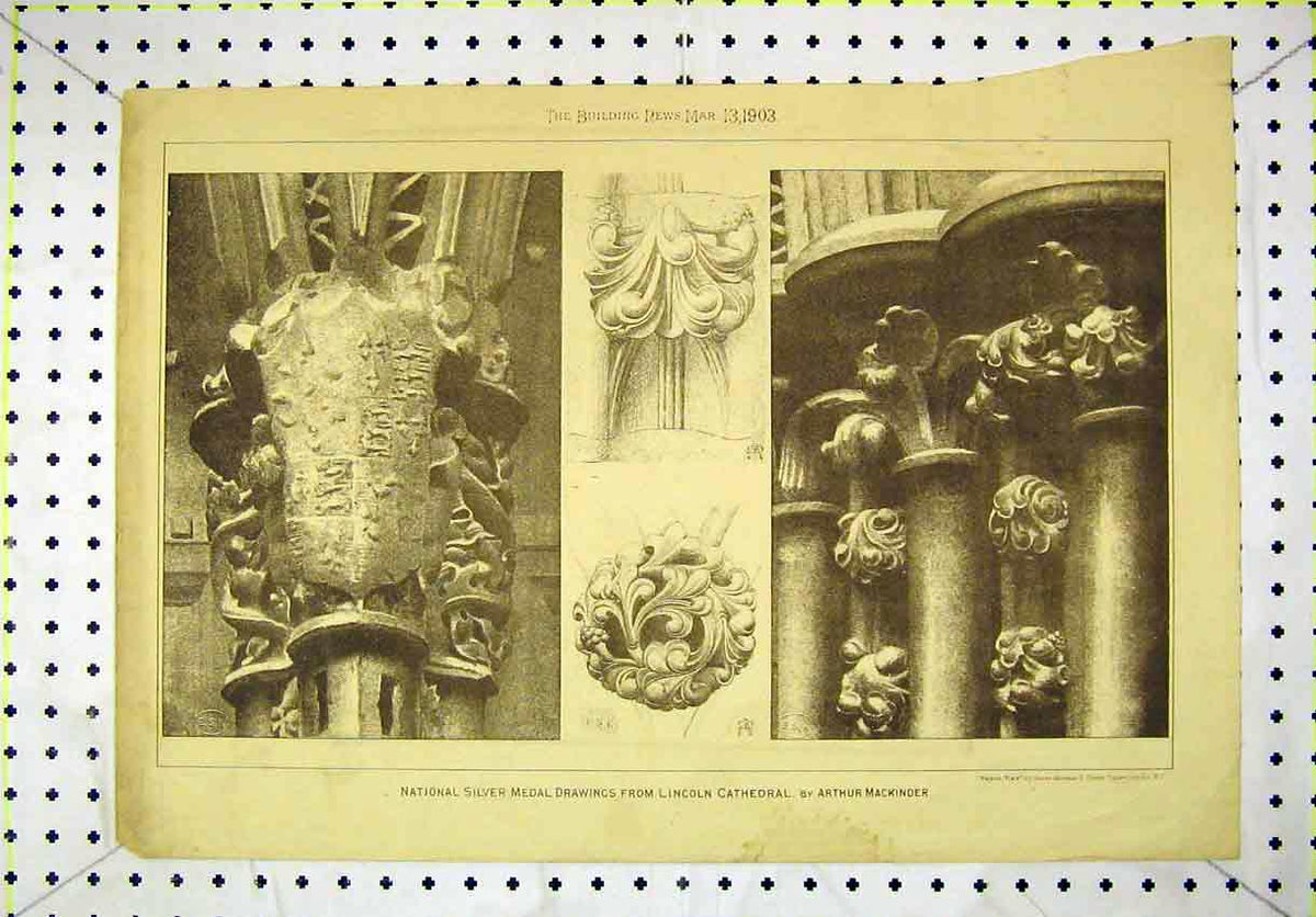 Old Antique Print 1903 Silver Medal Drawings Lincoln Cathedral Mackinder 20th