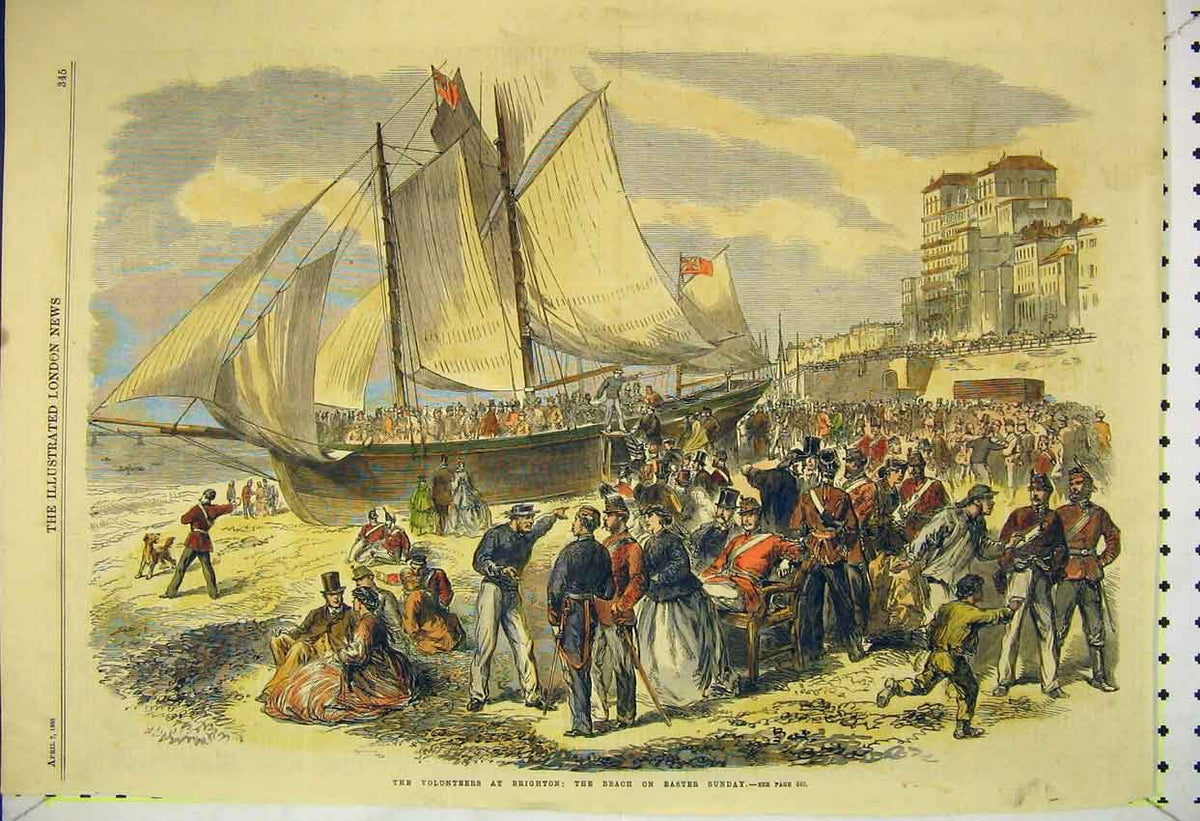 Old Antique Print 1866 Volunteers Brighton Beach Easter Sunday Ship Army 19th