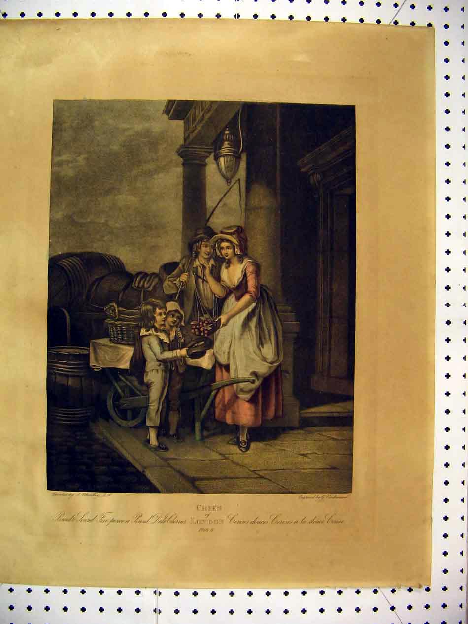 Original Old Antique Print C1830 Fine Art Children Cherries Hat Woman Cart 19th