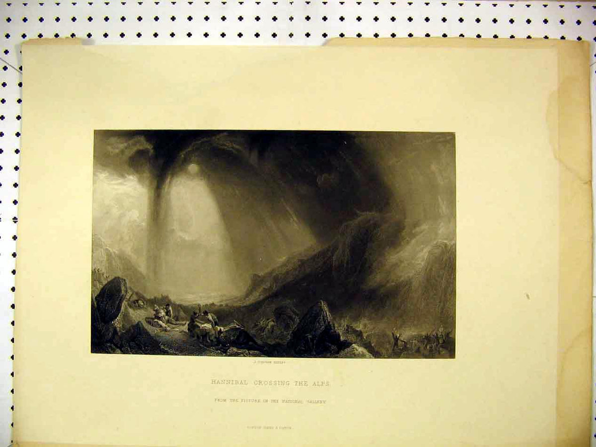Original Old Antique Print View Hannibal Crossing Alps Mountains C1830 Cousen