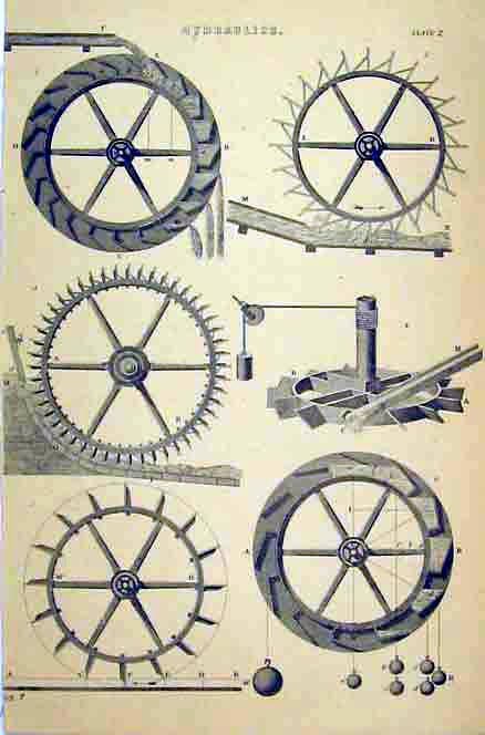 Original Old Antique Print Hydraulics Spiked Wheel Weighing Balls