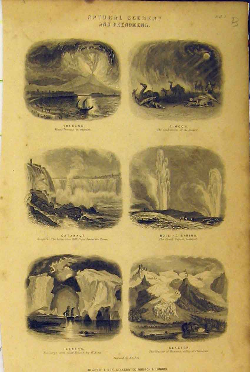 Old Antique Print Phenomena Volcano Boiling Spring Iceberg Glacier C1860 19th