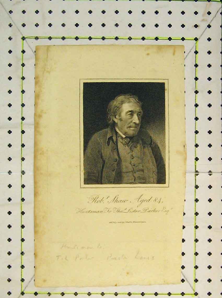 Original Old Antique Print 1836 Portrait Robert Shaw Huntsman Parker 19th