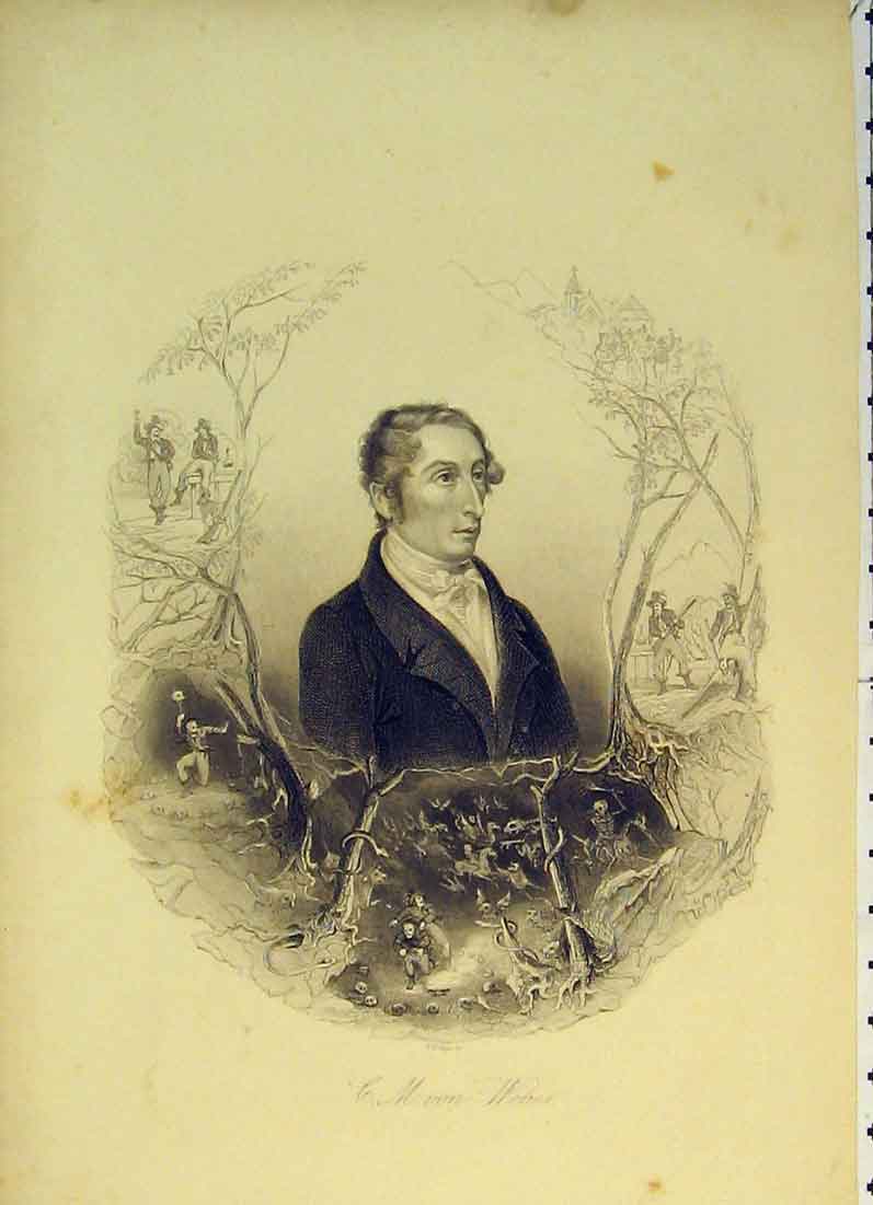 Original Old Antique Print C1830 Portrait Von Weber Fantasy Skeleton 19th