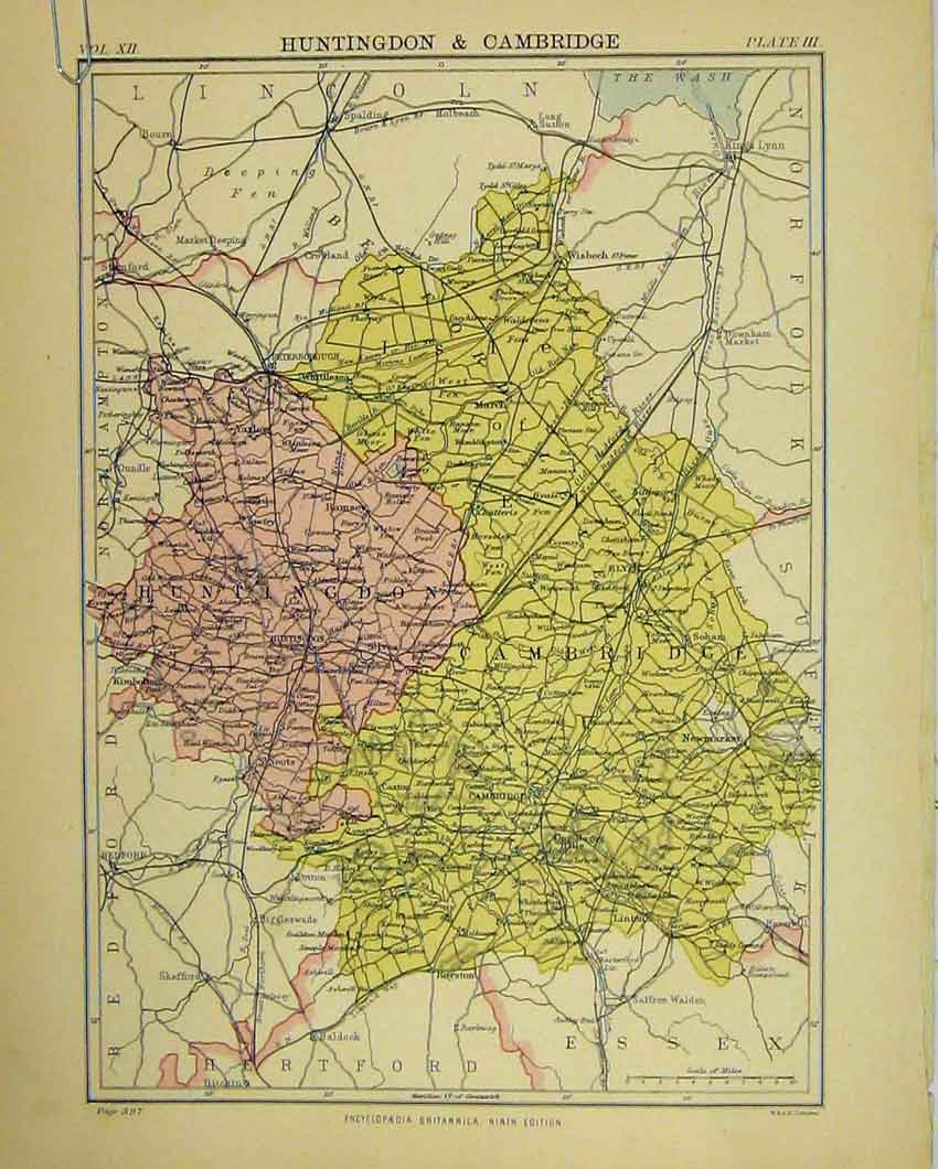 Old Antique Print Map Huntingdon Cambridge England Britannica Ninth 1881 19th
