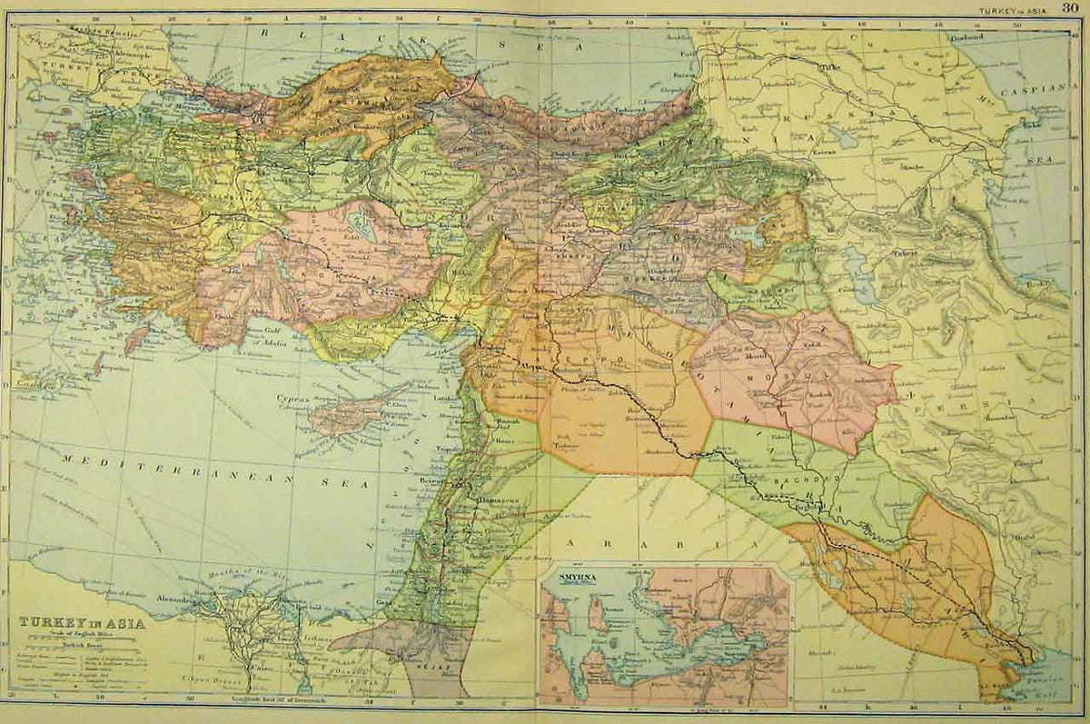 Original Old Antique Print Bacon World 1901 Turkey Asia Mediterranean Sea 20th