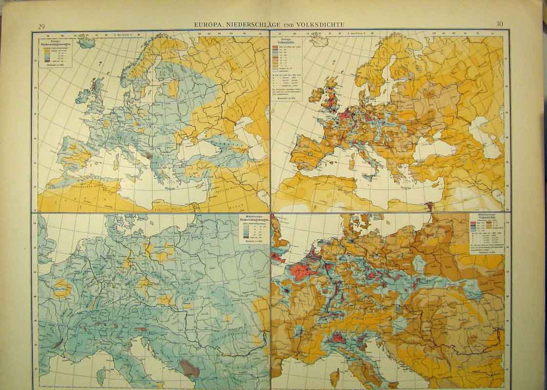 Original Old Antique Print 1893 German Map Europe Netherlands Temperature 19th