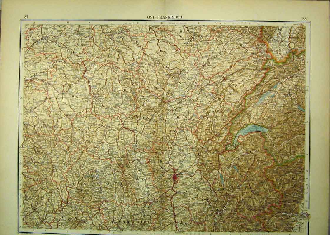 Original Old Antique Print German Map France Lyon Austria