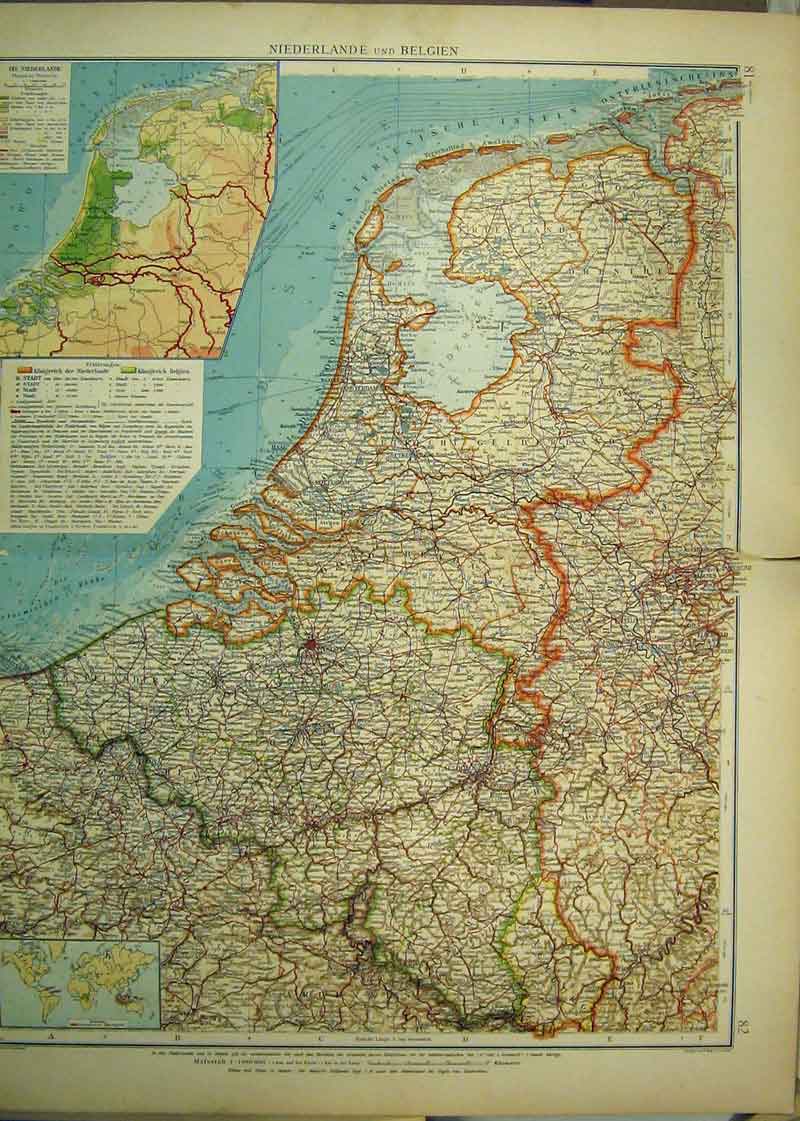 Original Old Antique Print German Map Netherlands Belgium