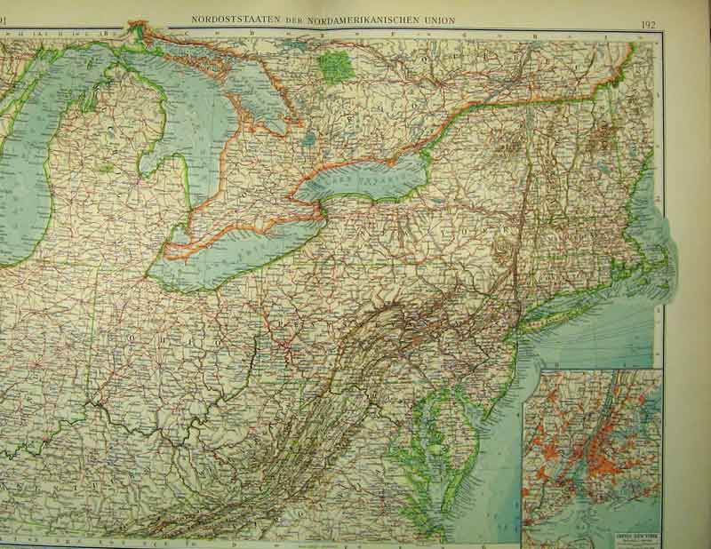 Original Old Antique Print 1910 German Map United States America Lakes Canada
