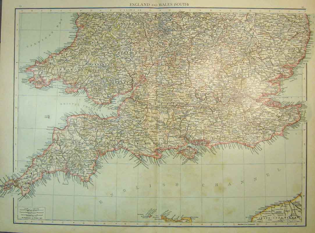 Original Old Antique Print 1898 Universal Map England South Wales Lundy 19th