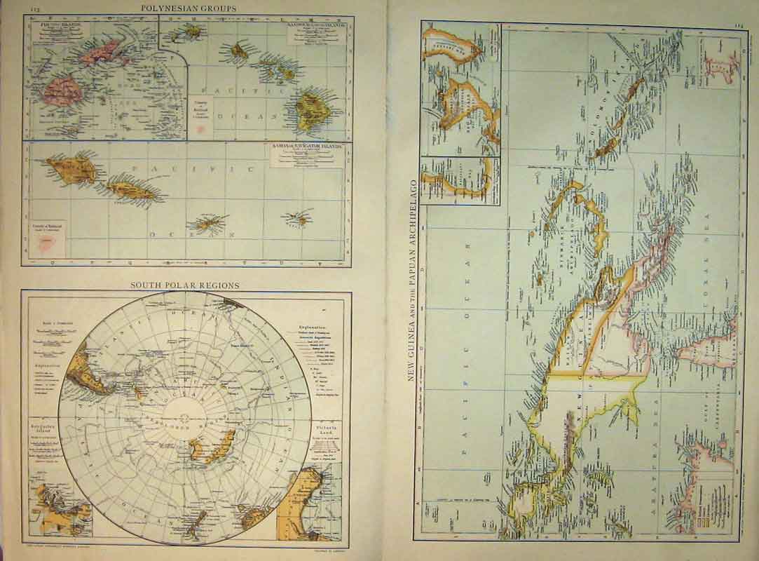 Original Old Antique Print 1893 Universal Polar Regions New Guinea Solomon 19th