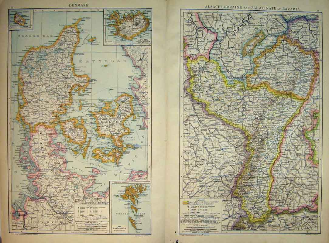 Original Old Antique Print 1893 Universal Map Denmark Faroe Islands Bavaria