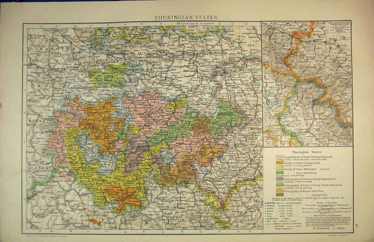 Original Old Antique Print Map Thuringian States Europe Hanover Halle