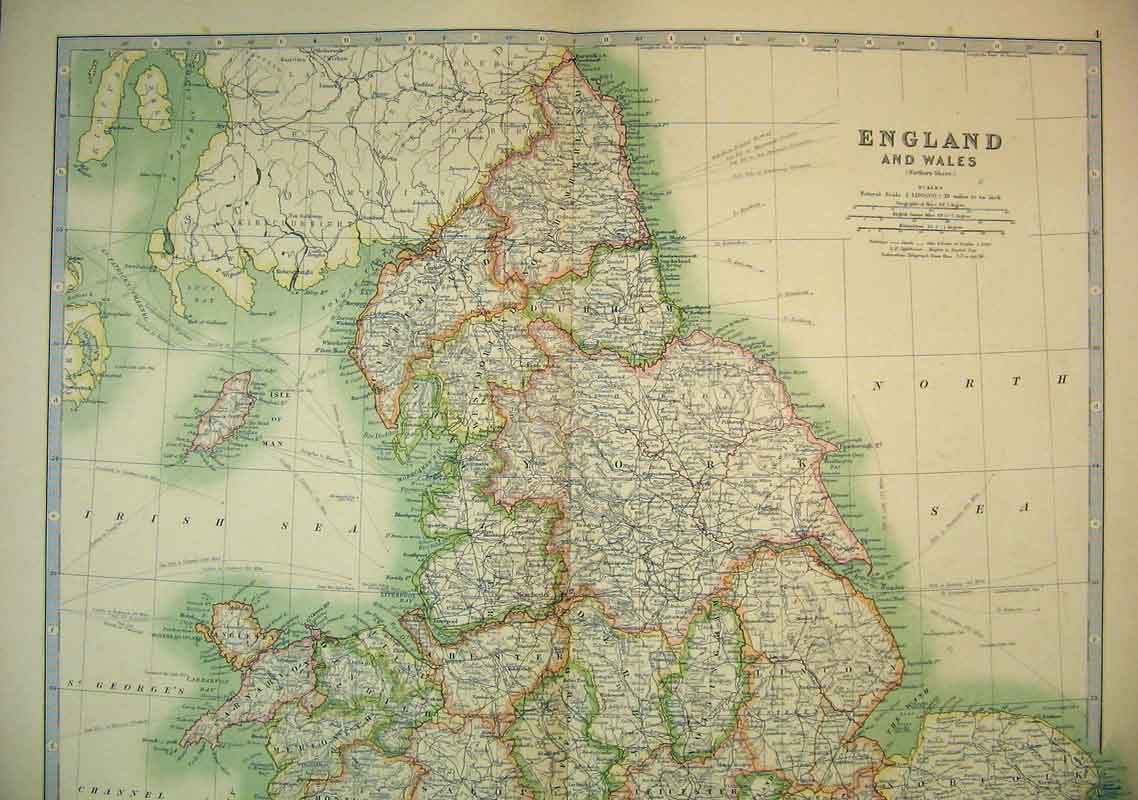 Original Old Antique Print 1910 Map England Wales Isle Man North Sea Irish 20th