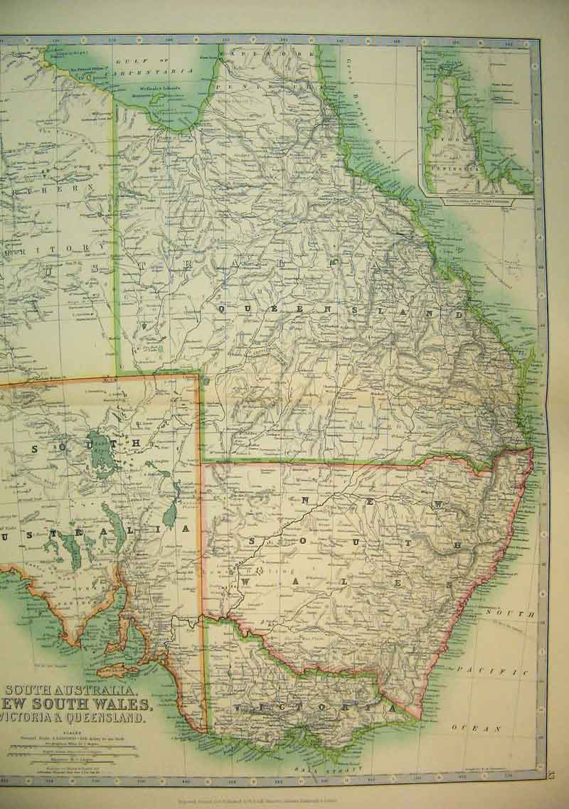 Old Antique Print 1910 Map New South Wales Australia Victoria Queensland 20th