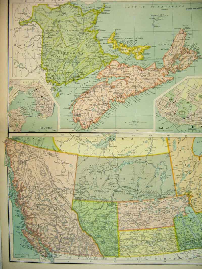 Old Antique Print 1898 Map Canada Prince Edward Islands Manitoba Scotia 19th