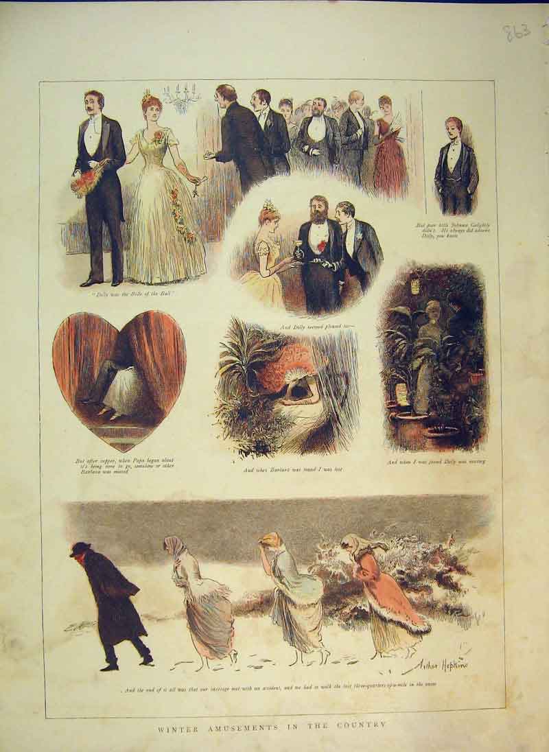 Original Old Antique Print 1889 Winter Amusements Country Snow Men Women Dance