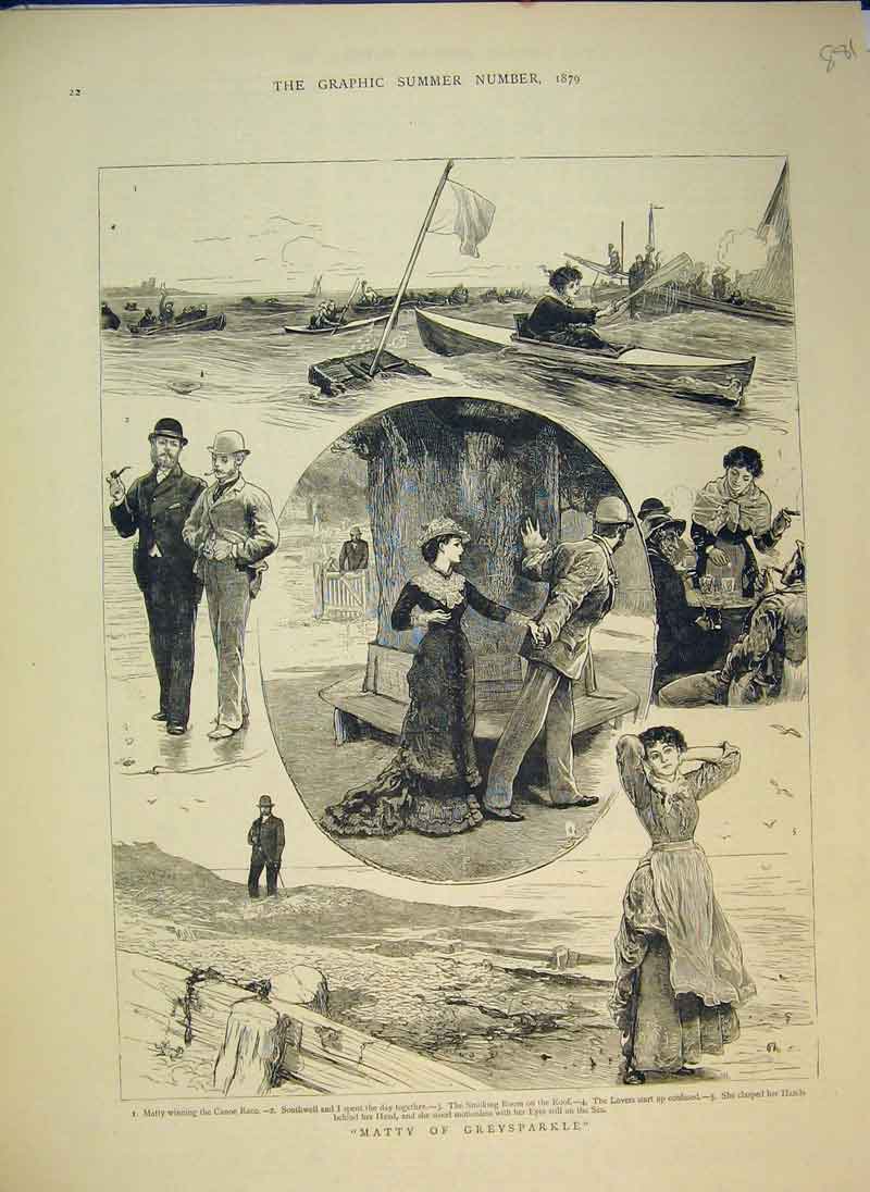 Original Old Antique Print 1879 Matty Greysparkle Romance Sea Boat Victorian