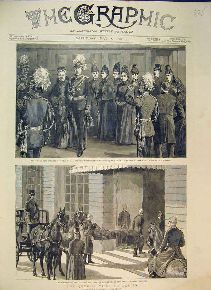 Old Antique Print 1888 Queen Visit Berlin Railway Station Frederick Horse 19th