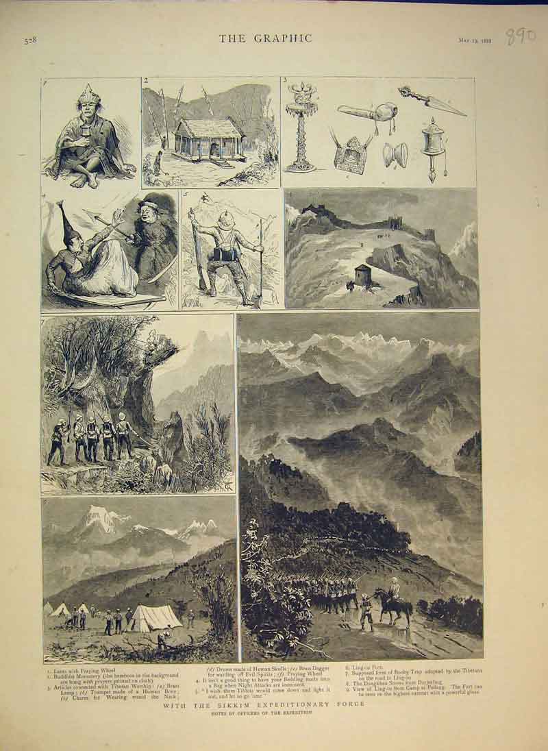 Old Antique Print 1888 Sikkim Expeditionary Force Lama Camp Pedang Fort 19th