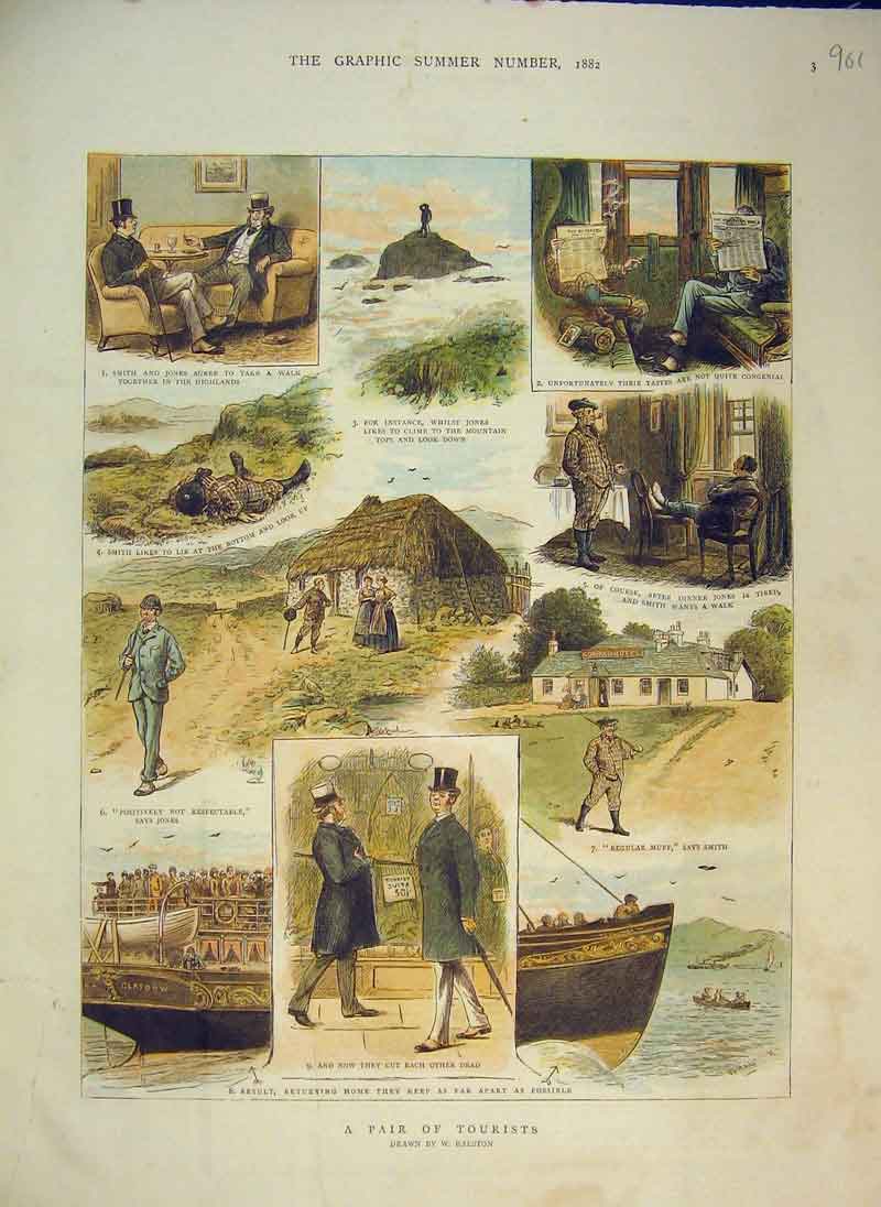 Original Old Antique Print 1882 Colour Tourists Ship Country House Sea Rock