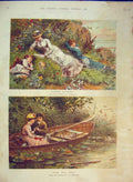 Original Old Antique Print Colour 1882 Romance Boat River Women Children 19th
