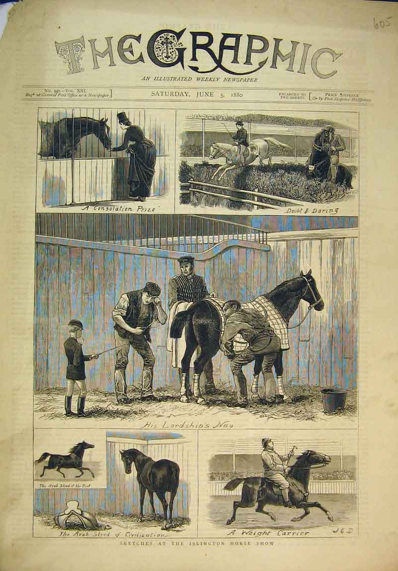 Original Old Antique Print Sketches Islington Horse Show 1880 Stable Racing