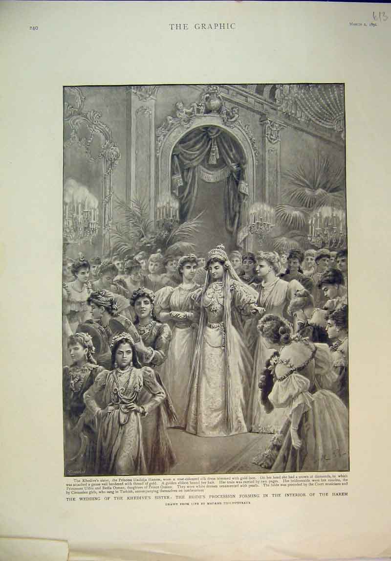 Original Old Antique Print 1895 Wedding Khedive'S Sister Bride Procession Harem