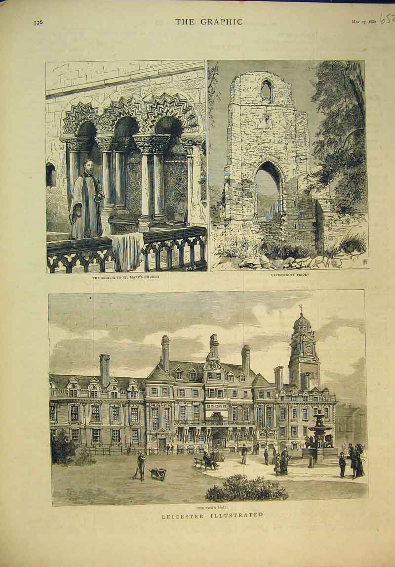 Old Antique Print Leicester Town Hall Sedilia Mary'S Church 1882 Priory 19th