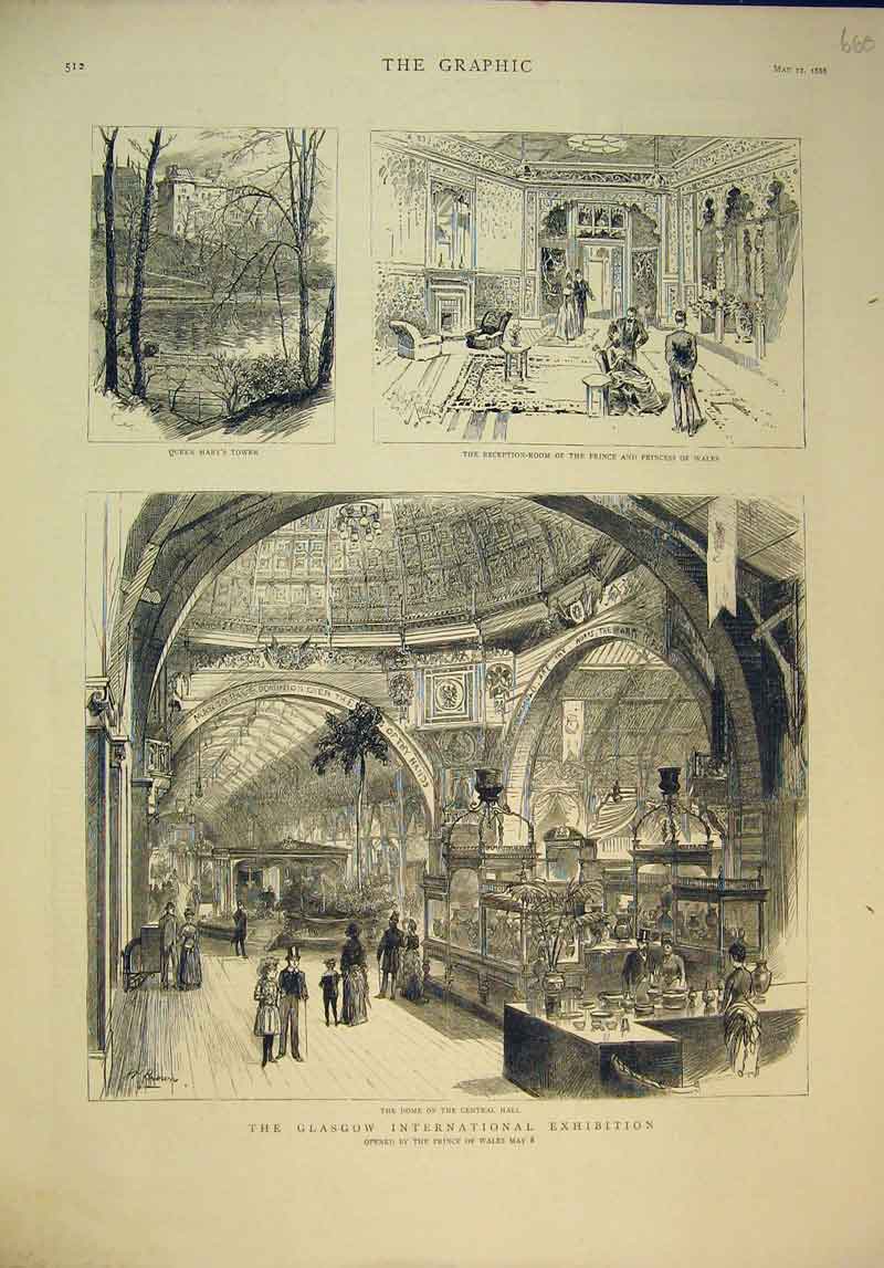 Old Antique Print 1888 Glasgow International Exhibition Queen Mary Tower 19th