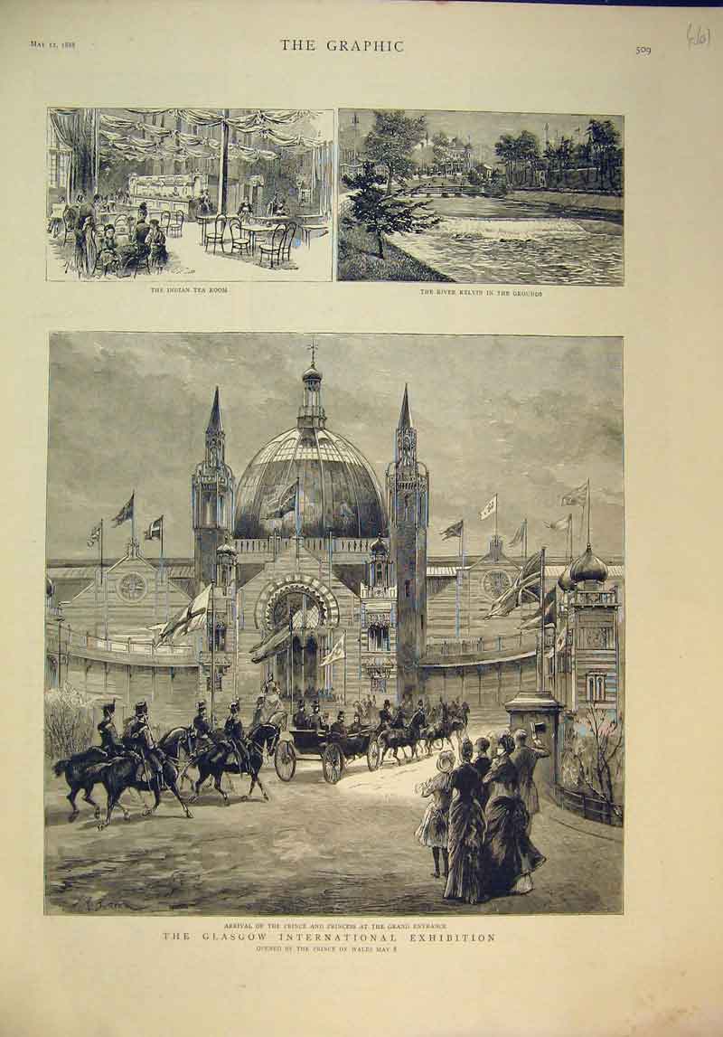 Old Antique Print 1888 Glasgow Indian Tea Room River Kelvin Prince Coach 19th