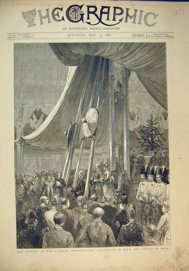 Original Old Antique Print 1888 Opening Glasgow Exhibition Prince Wales Siers