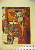 Original Old Antique Print 1882 Christmas Morning Decorating Signboard Holly