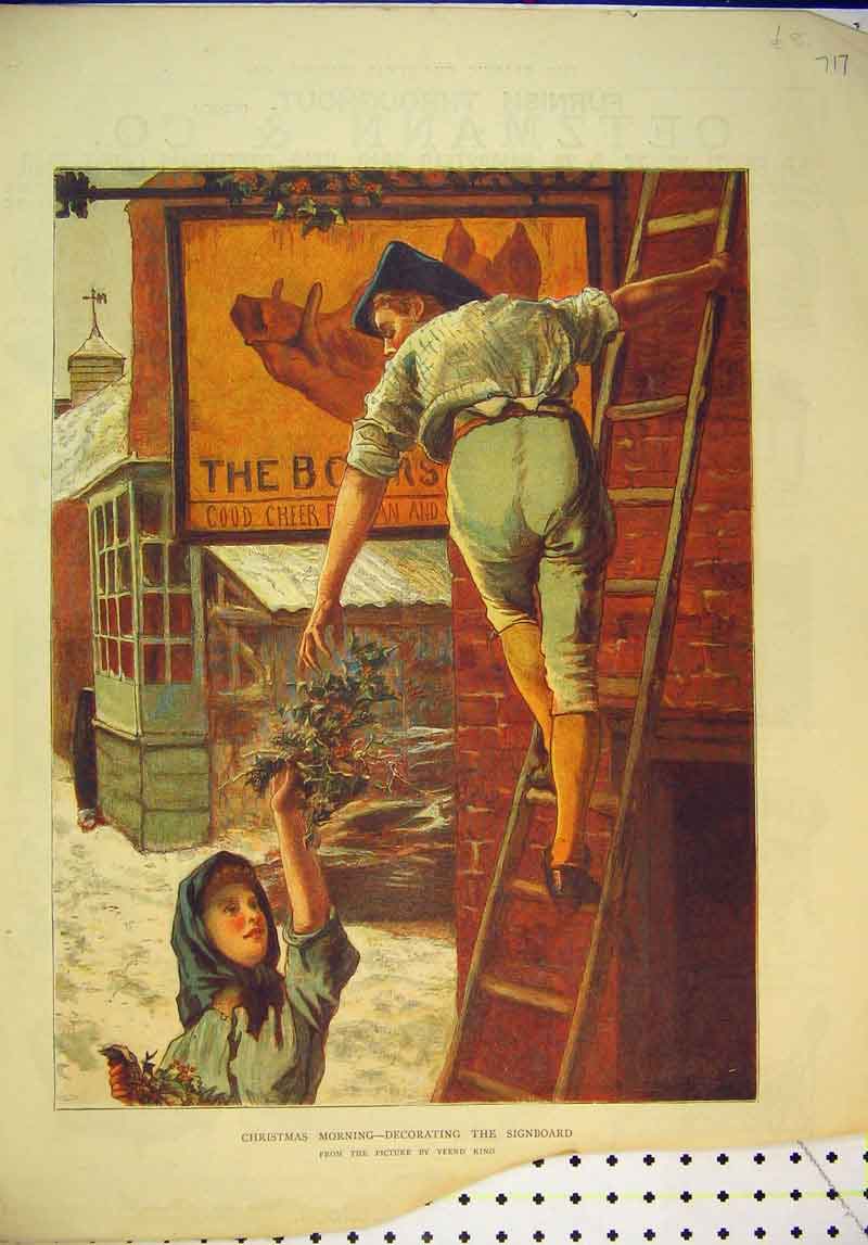 Original Old Antique Print 1882 Christmas Morning Decorating Signboard Holly