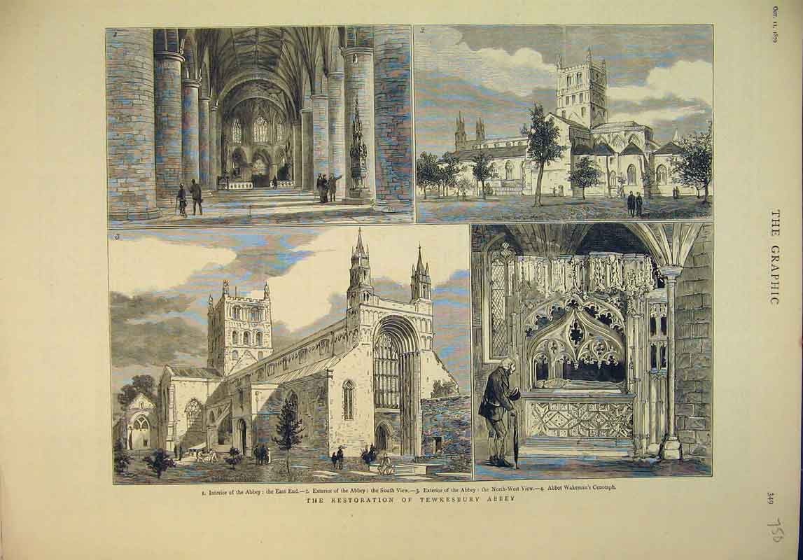 Original Old Antique Print 1879 Restoration Tewkesbury Abbey Wakeman Cenotaph