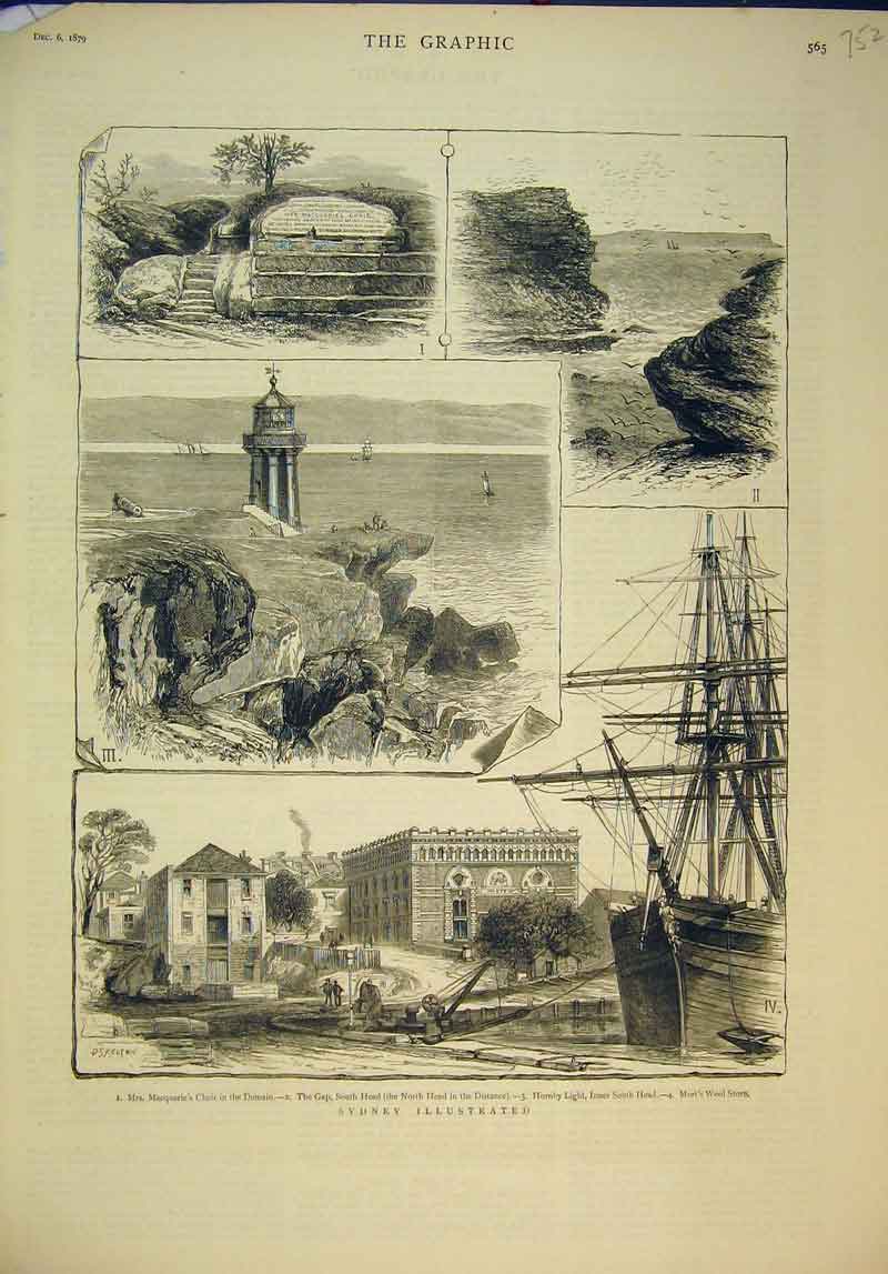 Original Old Antique Print 1879 Sydney Australia Macquarie Chair Hornby Light