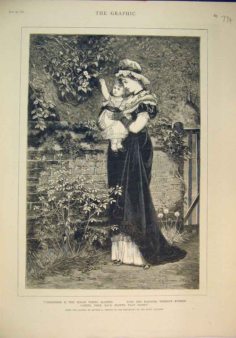 Old Antique Print Fine Art Mother Child Garden Flowers Trees 1879 Vernon 19th