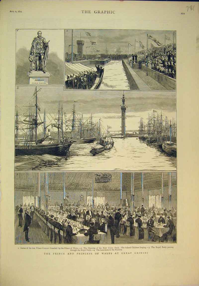 Old Antique Print 1879 Prince Princess Wales Great Grimsby Banquet Ships 19th