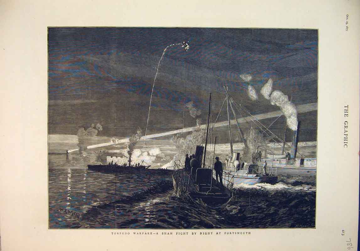 Old Antique Print 1879 Torpedo Warfare Sham Fight Night Portsmouth Ship 19th