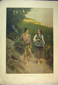 Original Old Antique Print C1870 Colour Germany Man Woman Romance Sheep 19th