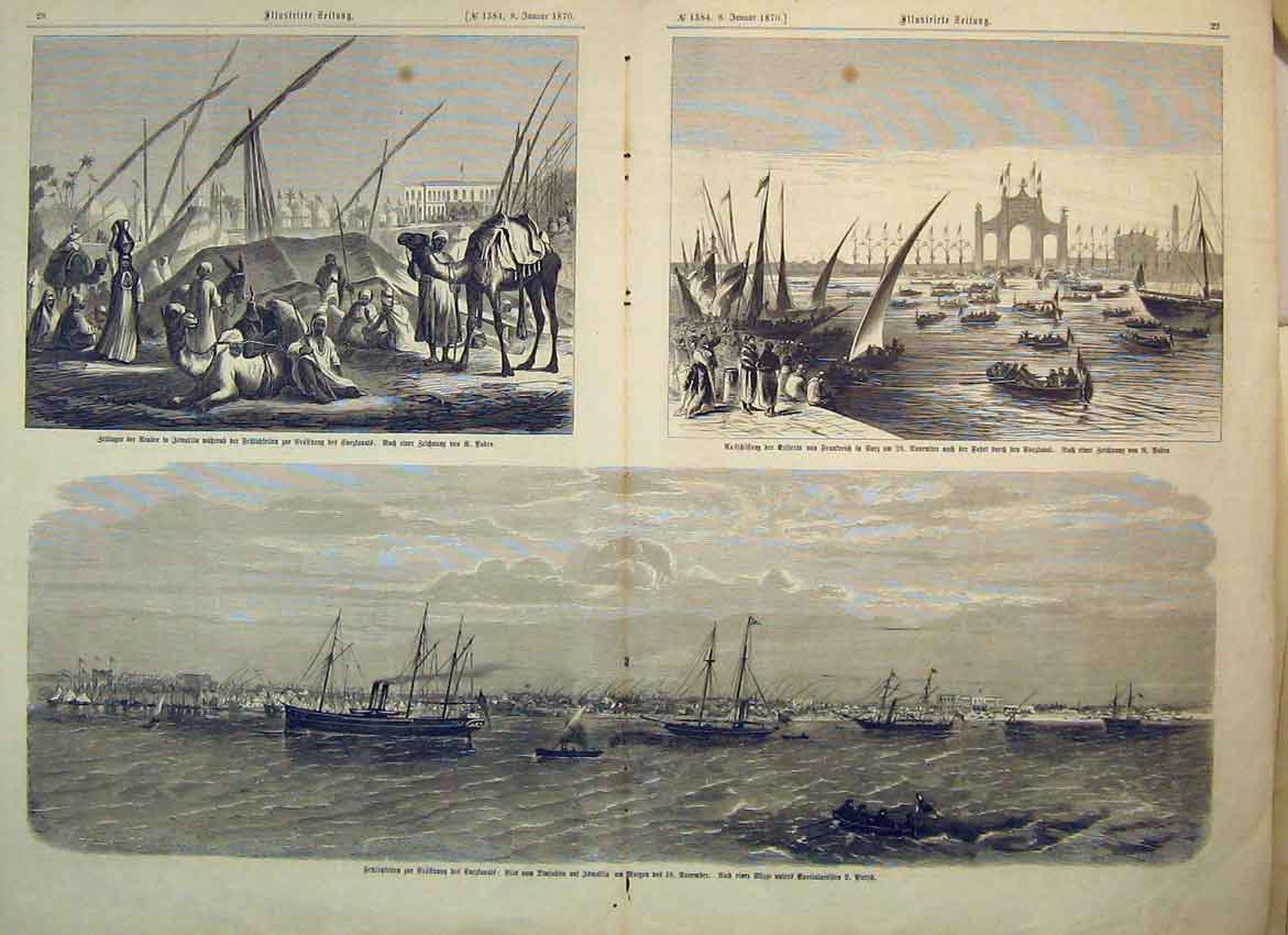 Original Old Antique Print 1870 German Camel Sailing Boat Ship Men Victorian