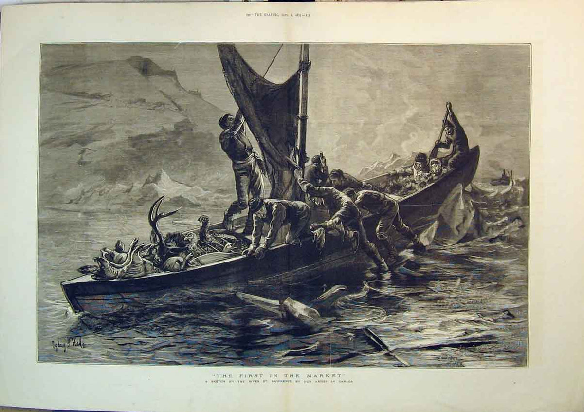 Original Old Antique Print 1879 Fine Art Men Boat Sail River Lawrence Canada