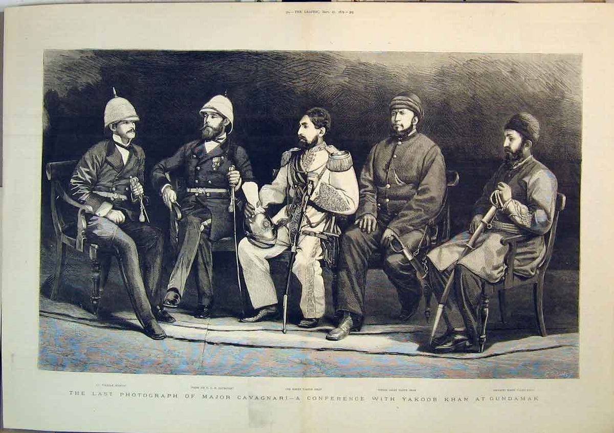Original Old Antique Print 1879 Major Cavagnari Yakoob Khan Gundamak Jenkyns